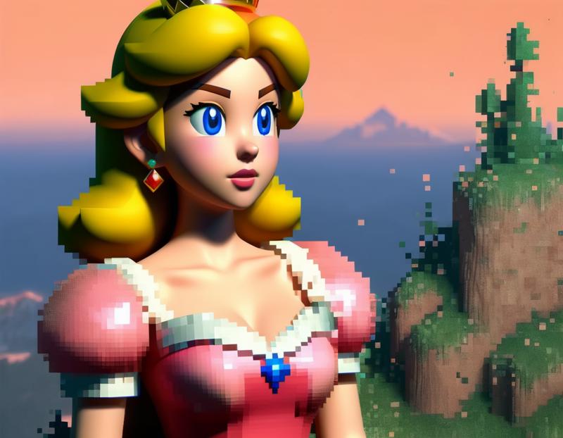 00075-_lora_Aether_Pixel_v1_SDXL_LoRA_1_ profile close-up of princess peach dissolving into pixels, standing on a mountain, 3d octane.png